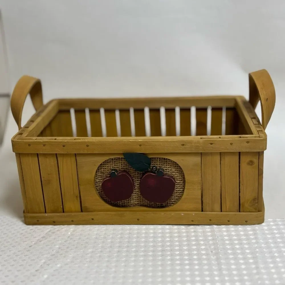 Rustic Wooden Basket with Apple Design